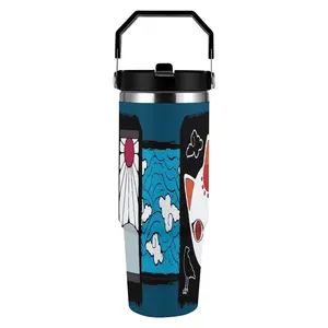 Japanese Anime Demon Slayer Insulated Water Bottle With Lid 30 Oz. Vacuum Insulated Anime-Themed Reusable Stainless Steel Thermos Suitable For Water, Iced Tea, Or Coffee.