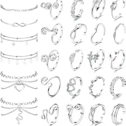 Toe Rings and Ankle Bracelets for Women Anklet Toe Rings Cute Layered Anklets Open Tail Rings Adjustable Beach Foot Jewelry for Summer