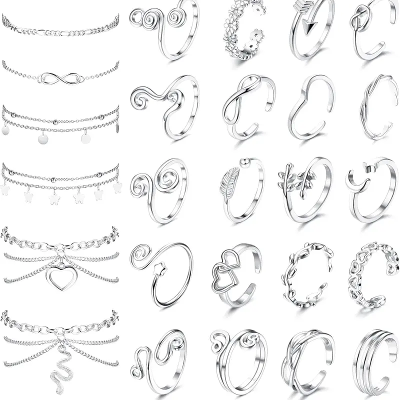 Toe Rings and Ankle Bracelets for Women Anklet Toe Rings Cute Layered Anklets Open Tail Rings Adjustable Beach Foot Jewelry for Summer