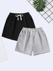 2-Pack Men's and Women's Summer Fashion Fleece-Lined Lightweight Casual Elastic Waist Drawstring Solid Color 4-Inch Shorts, Perfect for Autumn Summer Holidays and Everyday Versatile Simple Shorts