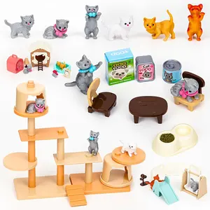 Cat Toys for Kids Pretend Play Cat Figures Playset Toys Interactive Kitten Role Play Set Realistic Cats Care Center