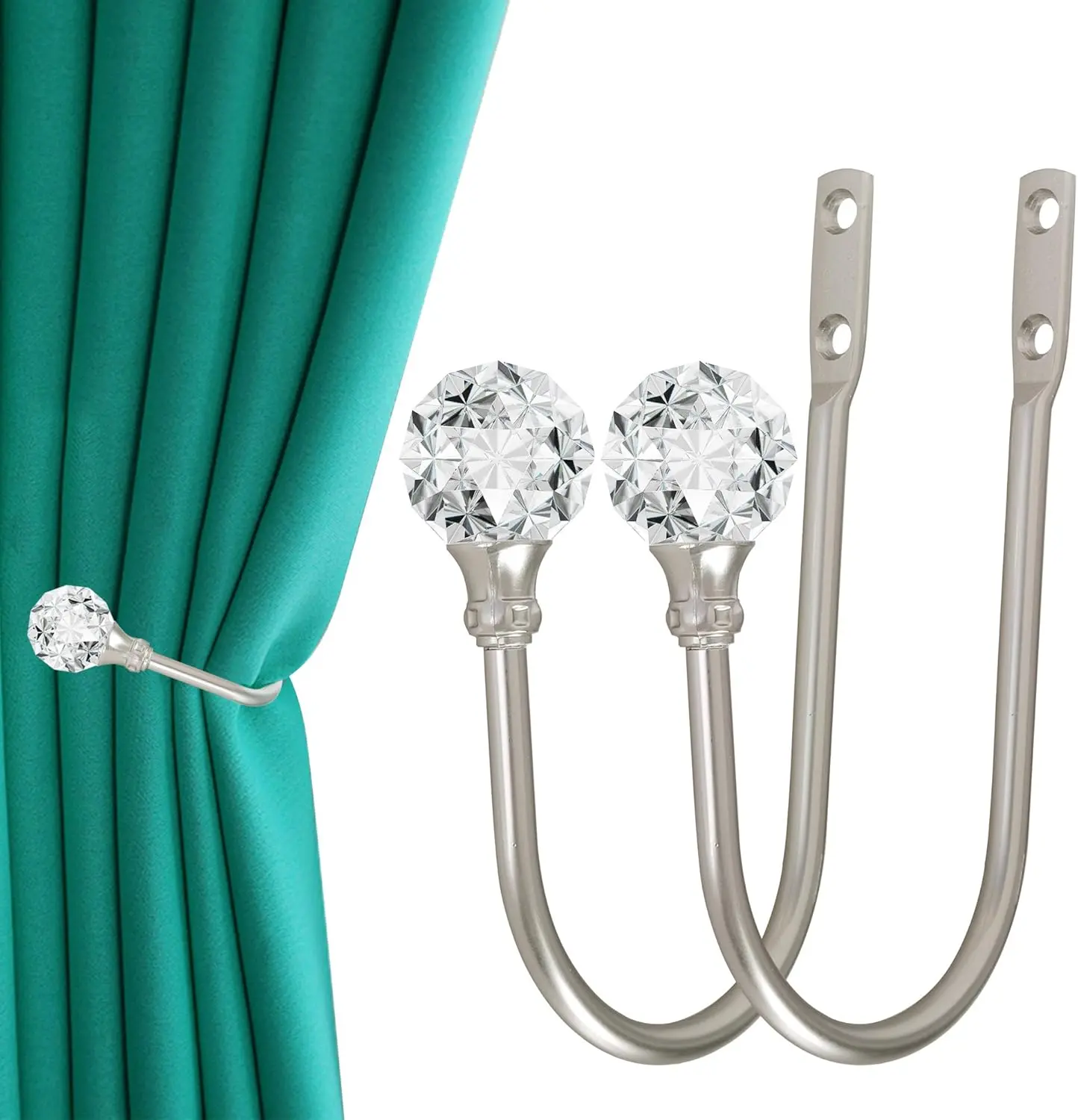 Curtain Holdback, 2 count Wall Mounted Drapery Tiebacks with Clear  Ball, Heavy Duty Metal Decorative Window Drapery Curtain Holder Curtain Hooks with Screws, Sliver