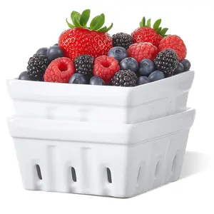 Ceramic Berry Basket Square Fruit Bowls with Holes Berry Bowl Colander Fruit Basket for Kitchen Décor;Cream White,Blue, brown, green