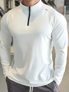 Men's Solid Color Casual Slim Fit Half-Zip Long Sleeve Quick-Dry Shirt, for Gym Hiking Fishing Camping Outdoor Activities, Breathable Workout Tops, Gym Top, Gym Shirts