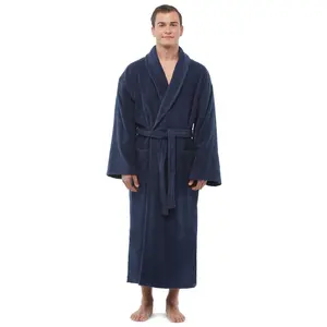 Arus Men's Mid-Calf Turkish Terry Cotton Robe, Shawl Collar Bathrobe , Dark Blue , XX Large