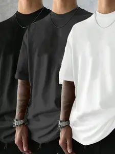 Men's Summer Sport Plain T-Shirt Set of 3, Breathable Quick-Dry Knit Fabric, Elastic Round Neck Short Sleeve, Casual Daily Wear