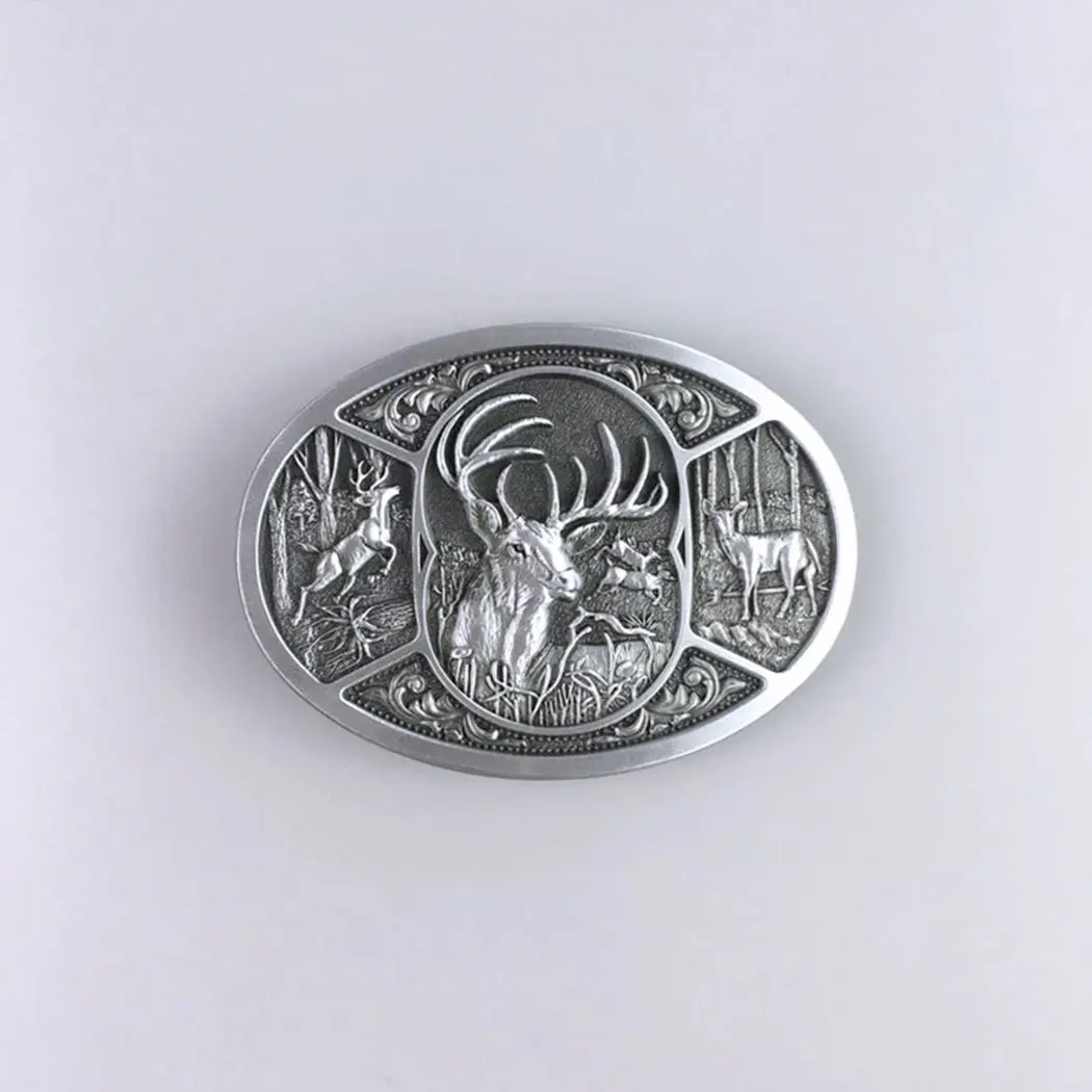 Brand New Antique Brushed Silver Metal Buckle - Vintage Waist Accessory with Deer Antlers Design, 3.27 Inch, 1.58 Inch (40 mm), 2.68 oz, Western Wildlife Hunter Belt Accessory