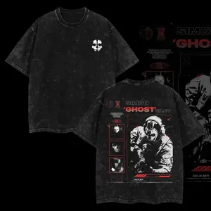 Ghost COD Double Sided Printed Oversized Acid Washed Cotton T Shirt Lightweight Heavyweight Game Graphic Short Sleeve Crewneck Casual Daily Streetwear Fashion Top Soft Premium Fabric Trendy Menswear Apparel for Call of Duty Game Fans