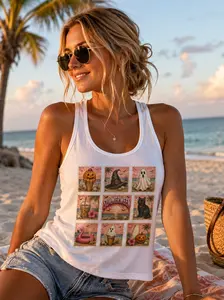 Lady's Chic Basic Sleeveless Summerween Patchwork Tank Top, Everyday Halloween Pumpkin Patch Stitchwork Top