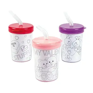Color Your Own Valentine BPA-Free Plastic Cups with Lids & Straws - 12 Ct.