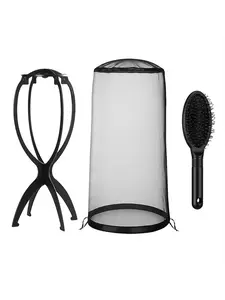 Wig maintenance and storage set, including wig display stand, dust cover, air cushion comb, detachable bracket to save space, effectively prevent wig deformation, dust and dirt, and save maintenance time.