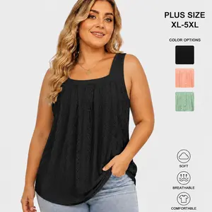 Women's Plus Size Sleeveless Square Neck Pleated Eyelet Flowy Tank Tops - Loose Fit Tunics, Lightweight Summer Tees for Summervibes, Outdoorfun | RPS2078 clothes outdoorfun