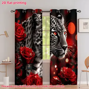 2D Flat 2Pcs Unique Black & White Leopard with Red Roses Print Curtains, Eye-Catching Drapes for Living Room, Bedroom, Balcony, Kitchen, Study, Decorative Window Treatment, Privacy Protection, Decor.