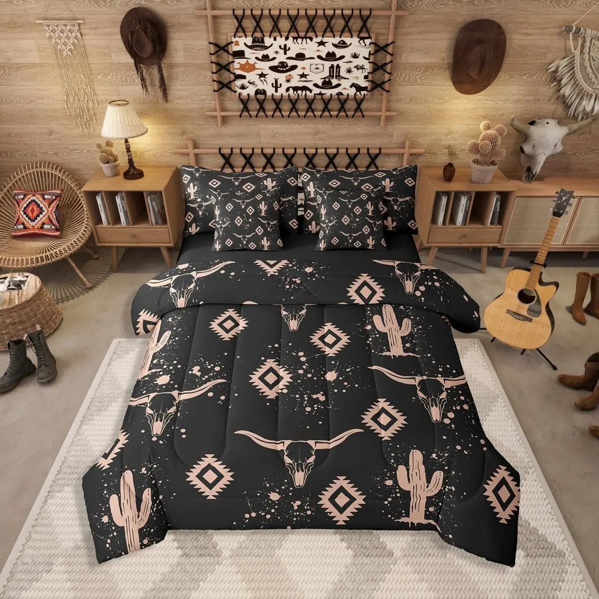 Feelyou 7-Piece Queen Aztec Comforter Set - Rustic Bull Skull Southwestern Cowboy Bedding for Teens, Soft Comforters, Queen Comforter Set