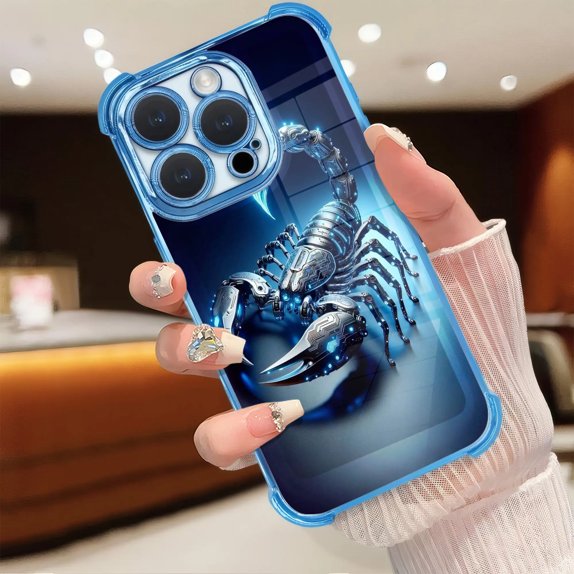 Cyberpunk Smartphone Case, 2D Printed Faux 3D Cyber Mechanical Scorpion Neon Blue Glow Graphic Silicone Shell, Reinforced 4-Corner Shockproof Soft Casing, Mobile Phone Accessories for iPhone 17 16 15 14 13 12 11 X XS Max Plus Pro Pro Max