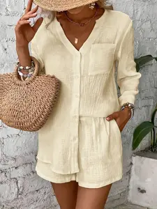 Two piece women's casual rice white texture cotton linen set long sleeve shirt+drawstring shorts two-piece vacation casual loose suit, suitable for summer, suitable for home, indoor, outdoor wear, Matching Sets