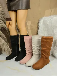 Women's Mid-Calf Boots Fall Winter New Side Zipper Ruched Pile Sole Velvet Western Boots, Stylish and Comfortable Fashion Footwear