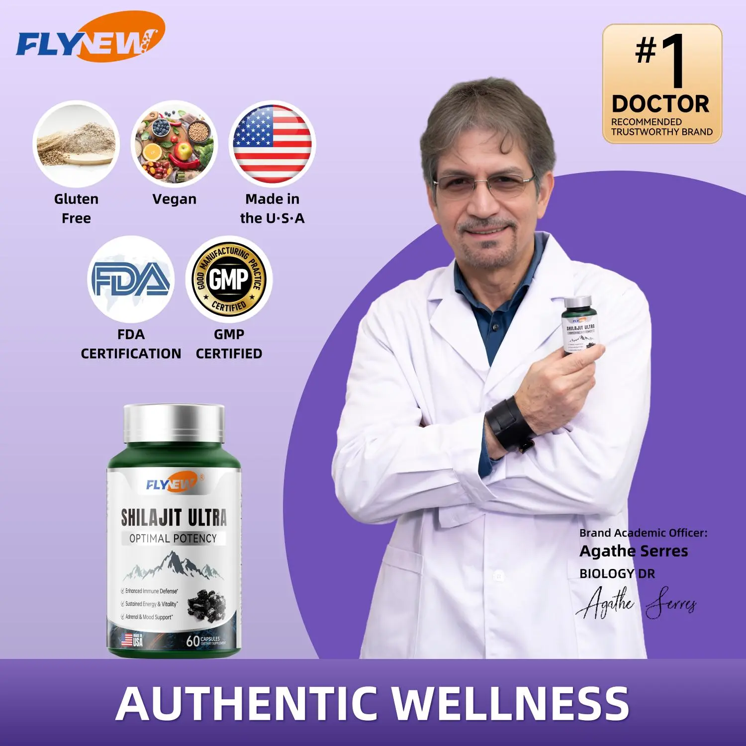 FlyNew Alpha Brain Nootropic Dietary Supplement for Men & Women - Brain Health Support, Memory Boost, Mental Clarity, Cognitive Improvement, Focus Capsules with L-Arginine, Shilajit, Pomegranate, Trace Minerals (30 Count)