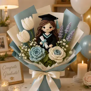 Handmade Crochet Flower Doll Graduation Bouquet – Cute Forever Flower Arrangement for Class of 2026 Graduates, Aesthetic Senior Gift for Her, Friends & Daughter
