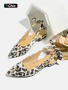 Women's Leopard Print Chunky Heel Sandals, Pointed Toe Mary Jane Shoes, Spring Summer French Vintage Elegant Fashion Style, Bow Back Design, Rubber