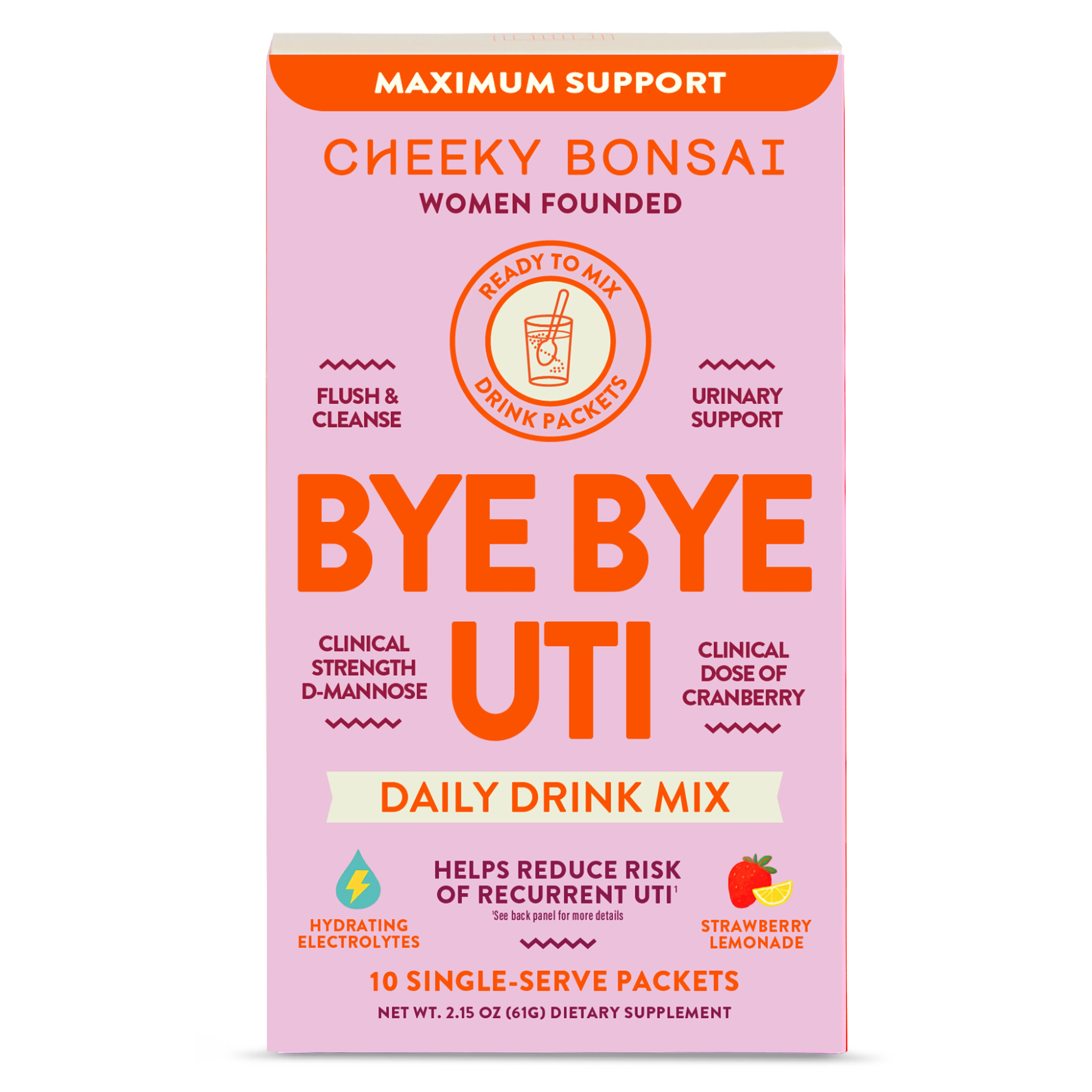 Cheeky Bonsai Bye Bye UTI Vitamin Urinary Tract Support Drink Mix, Strawberry Lemonade Flavor, D-Mannose & Cranberry Superblend Nutrition Powdered Supplement, 10-Packet Dietary Aid, D Mannose For Uti