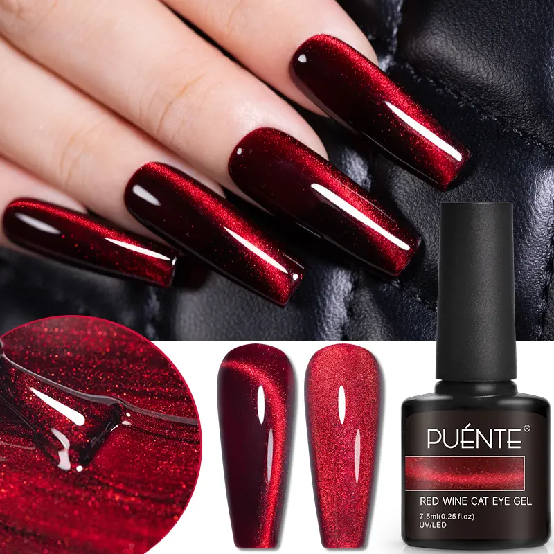 PUENTE 0.25oz Wine Red Cat Eye Gel Nail Polish With Magnet, Super Shiny Ruby Red Cat Magnetic Nail Gel, Long-Lasting, Easy to Apply, Hypoallergenic, Glossy Finish, Need UV/LED Lamp Curing, Soak Off Nail Art Varnish, Nail Salon Quality, Gift For Women