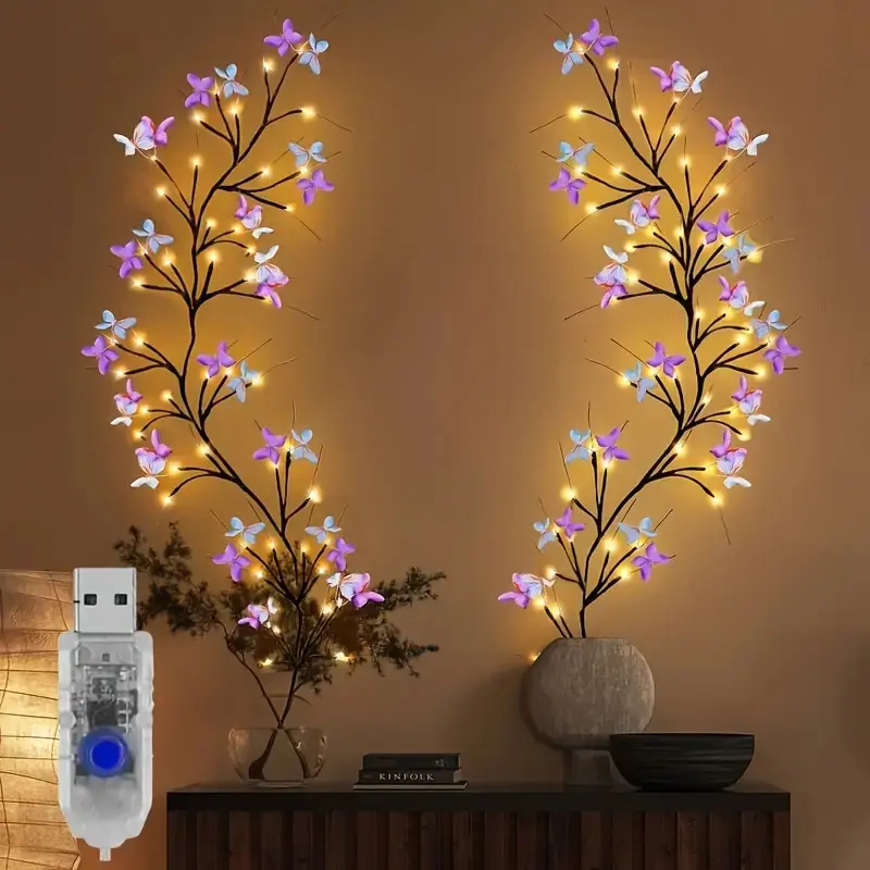 USB-Powered LED Artificial Branch String Lights with Purple & Blue Butterfly Decorations - Battery-Free Fairy Lights for Wall, Bedroom, Wedding, Christmas, Holiday Decor, Party Decor, Home Decor
