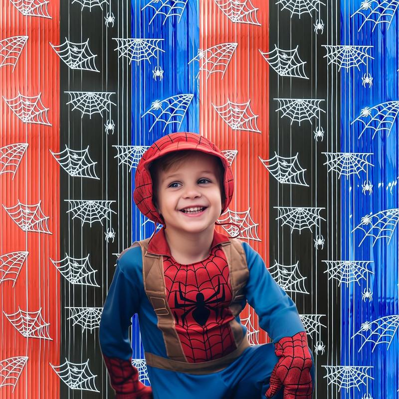 Spider Web Birthday Decorations 3 Pack - Spider Party Supplies 3.3x6.6ft with Pre-Strung Banner - Tinsel Foil Fringe Curtain Backdrop, Spidey Birthday Decorations with Red Blue Black Streamers for Boy