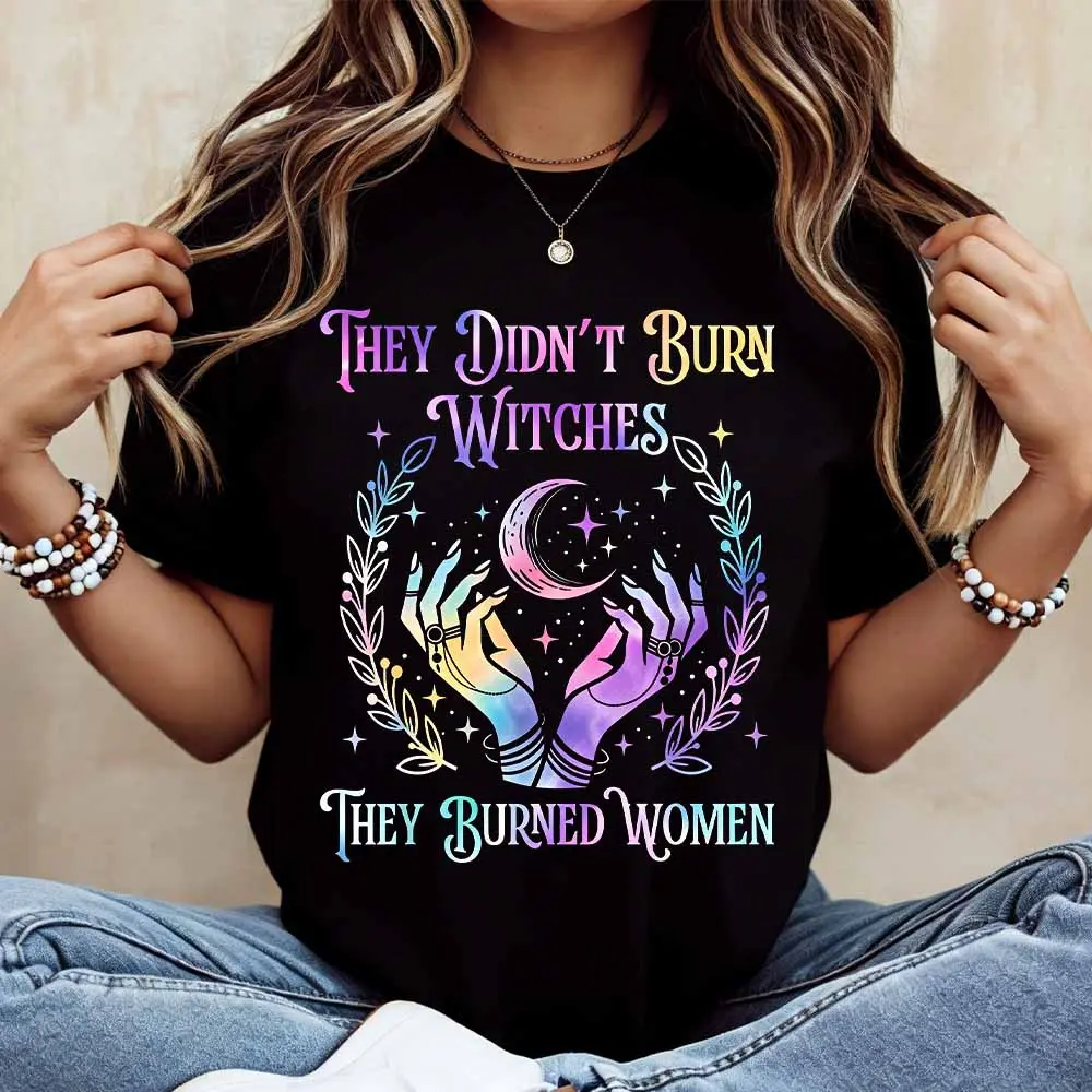Colorful Witch Hands And Moon Print T Shirt Women Casual Short Sleeve Round Neck Top