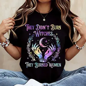 Colorful Witch Hands And Moon Print T Shirt Women Casual Short Sleeve Round Neck Top