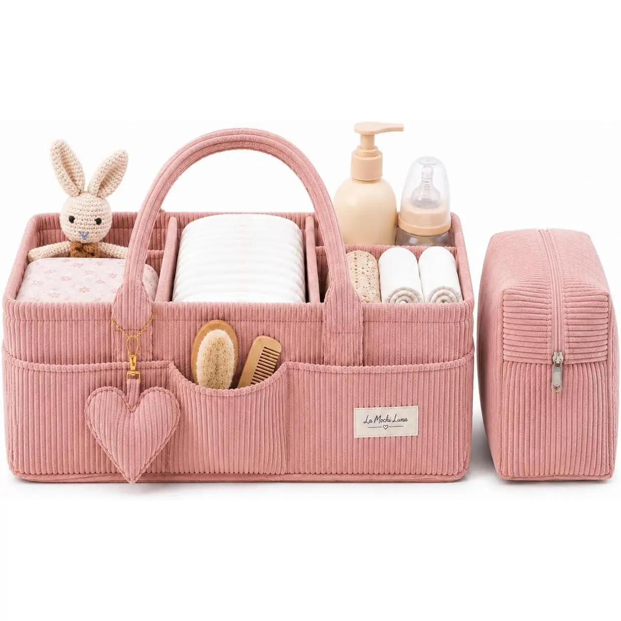Soft Corduroy Baby Diaper Caddy Organizer with Handles, Matching Zipper Pouch, Nursery Storage Basket for Wipes, Bottles, Baby Shower & Registry Gift