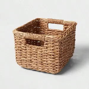 Large Braided Seagrass Crate, Handwoven Storage Basket, 13"X14.25"X11", Rectangle, Spot Clean Organiser Brown Decor