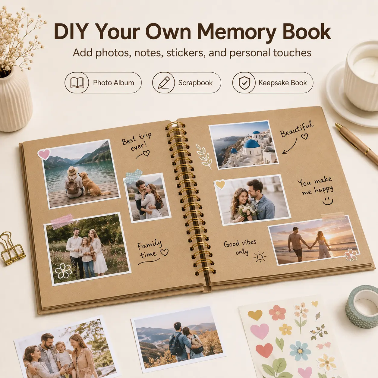 Hardcover Spiral Scrapbook Album - 8x8 in & 10x10 in Sizes, 40 Lay-Flat Paper Pages, Journaling Scrapbooking Supplies, Nostalgic Photo Memory Keeper, Meaningful Custom Gift for Couples (Anniversary)
