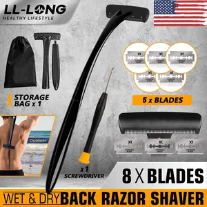 Men Back Hair Shaver Long Curved Handle 3 Stainless Steel Blades, 17.9" Anti-Skid Grip, 10 Replacement Blades Wet & Dry, Painless DIY At-Home Grooming, Father’s Day Gift