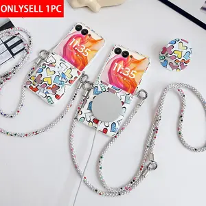 A PU leather colored heart-shaped pattern mobile phone case with a stand, equipped with a cross-body strap. The protective cover is suitable for Motorola Razr 2026, Razr 2025, Razr 2026, Razr 70, Razr 60, and Razr 50 Ultra Protector