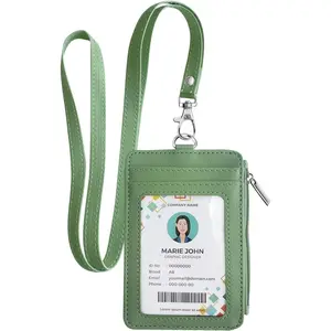2-in-1 ID Badge Holder & Lanyard Wallet, Leather ID Name Badge with Side Zip Pocket for Teacher, Student, Women Small Wallet with Removable  Lanyard, Clear Window, 5 Card Slots,Lime Green