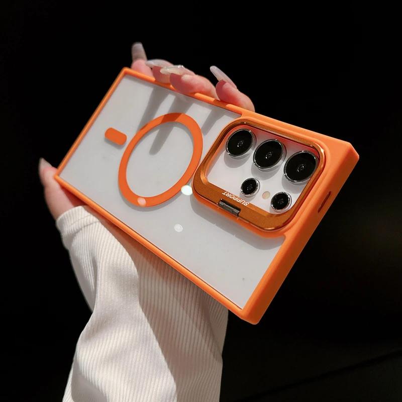 For Samsung Galaxy S25 S24 S23 Plus Ultra Shockproof Camera Ring Stand Heavy Duty Clear Case Compatible With MagSafe Cover + Camera Lens Protector