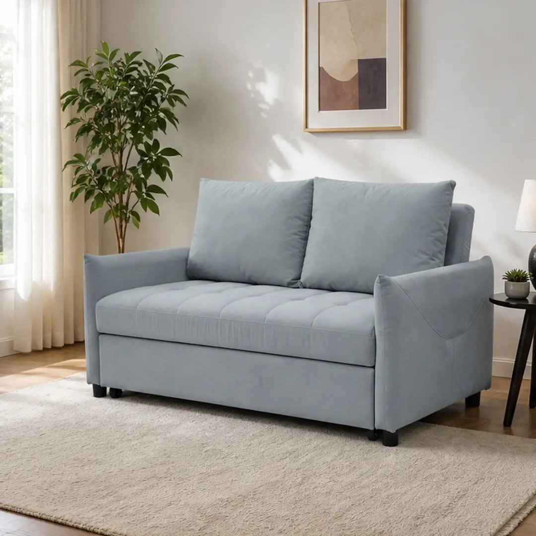 ARCH Modern 3 in 1 Sleeper Sofa Couch Bed Pull Out Sofa Bed Convertible Loveseat with 2 Pillows Side Storage Pockets Velvet Fabric Adjustable Backrest Full Size Guest Bed for Living Room Light Blue, Light Blue Color Options, Fabric Material