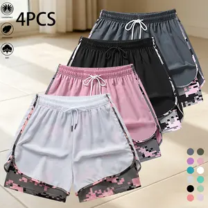 Set of 4 women’s casual athletic shorts; faux two-piece design with camouflage-pattern lining; suitable for sports fitness, running workouts, yoga, and more; summer women’s apparel, women’s shorts.