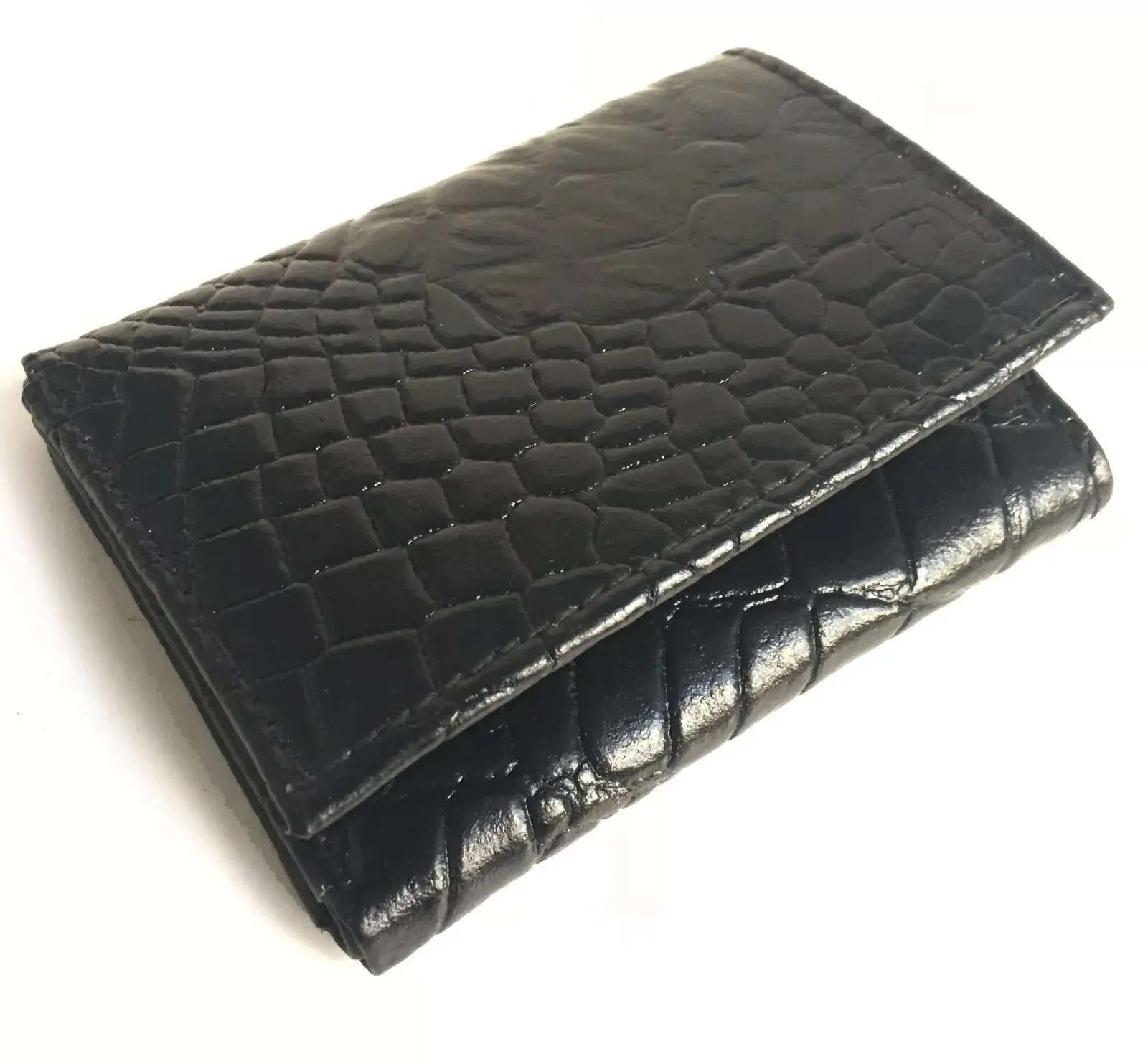 Black Crocodile Leather Men’s Trifold Wallet with Center Flap & Card Holder