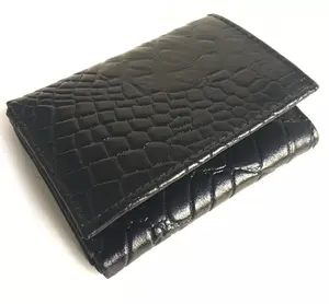 Black Crocodile Leather Men’s Trifold Wallet with Center Flap & Card Holder