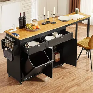 【Extendable Kitchen Island】ONBRILL Kitchen Islands with Extendable Dining Table, 81.7" Mobile Kitchen Storage Islands, Rolling Kitchen Cart with Trash Cabinet, Power Outlet, Spice Rack & Towel Rack