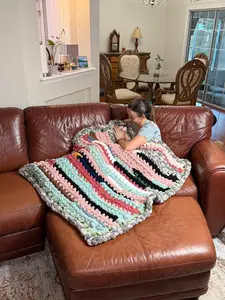 Sustainable Chunky Chenille Blanket – Eco-Friendly "Scrap" Blanket, Colorful Half Double Crochet Throw, Ready to Ship