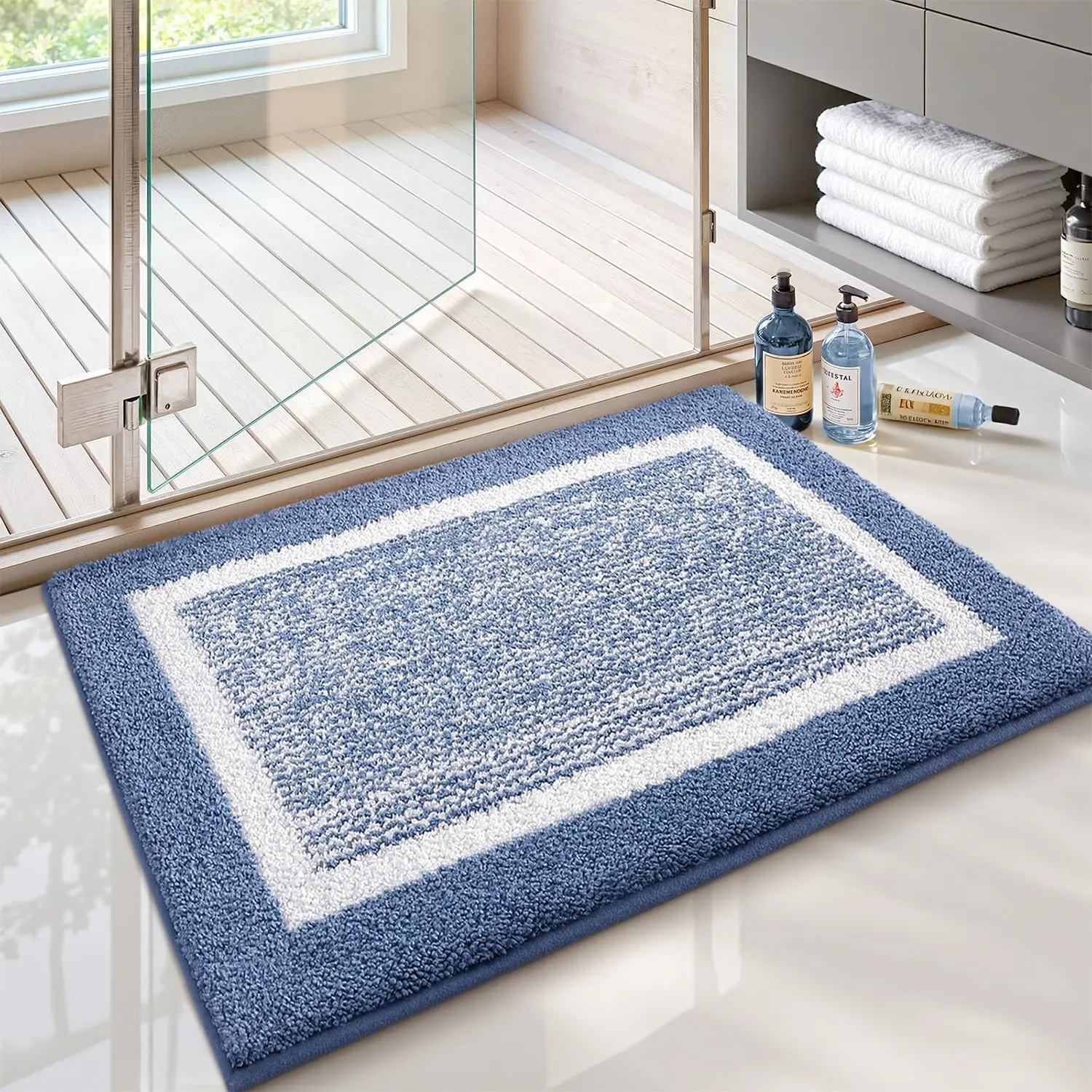 Tufted Geometric Pattern Small Indoor Bathroom Mat, Light Blue Non-Slip Absorbent Soft Machine-Wash Fade-Resistant Microfiber Rug for Shower Area