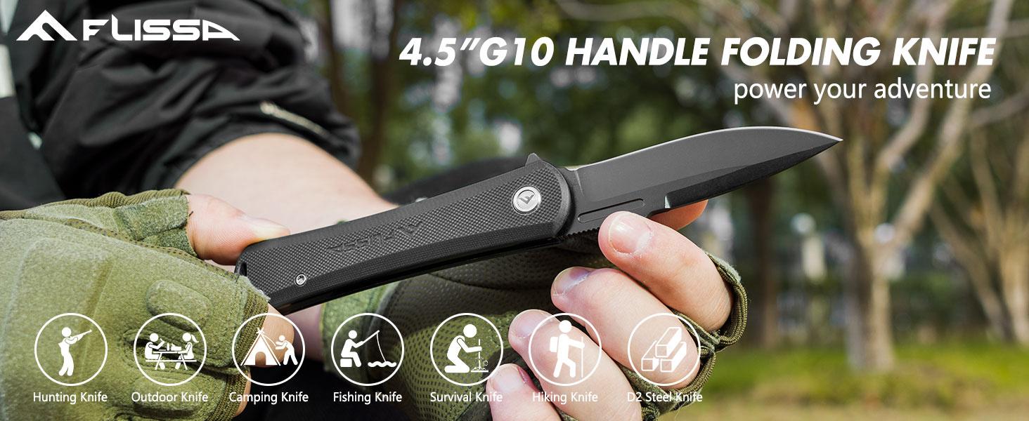 FLISSA Folding Pocket Knife, 4.5" G10 Handle EDC Knife with D2 Steel Blade, Liner lock and Pocket Clip, Tactical Knives for Men Women, Uesd for Outdoor, Survival, Hunting and Camping (Black) FLISSA Folding Pocket Knife, 4.5" G10 Handle EDC Knife with D2 Steel Blade, Liner lock and Pocket Clip, Tactical Knives for Men Women, Uesd for Outdoor, Survival, Hunting and Camping (Black)