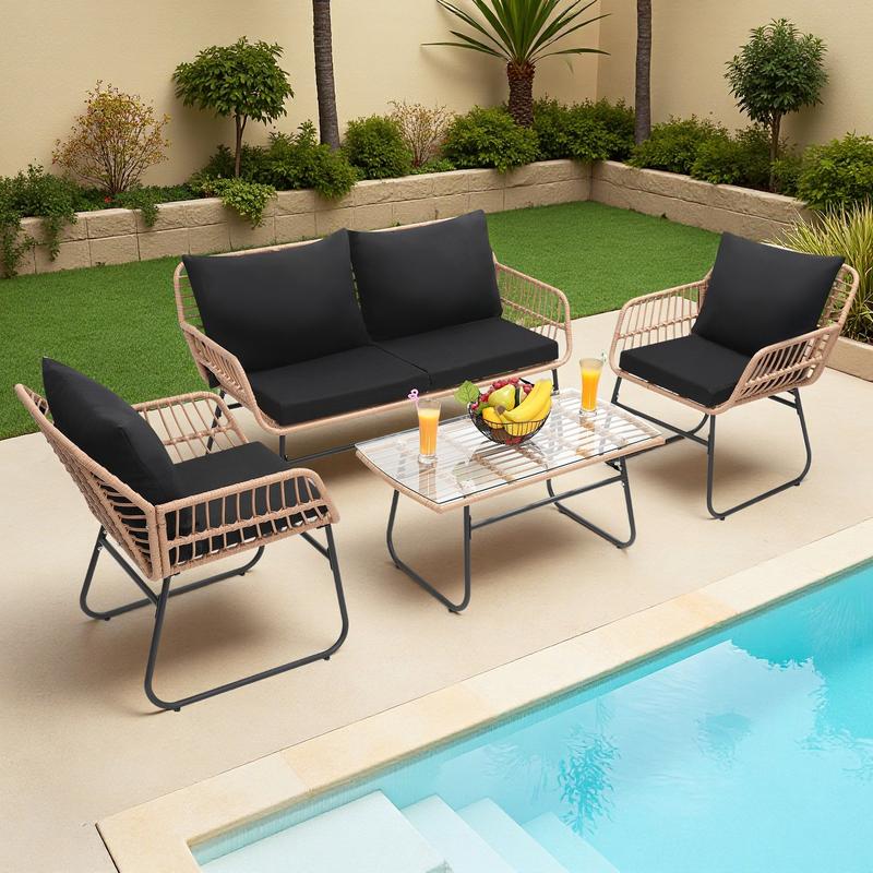 4 Piece Patio Bistro Outdoor Furniture Set, Wicker Sofa, 2 Rattan Chairs, and Table, Backyard Conversation Set, All Weather Cushions，for Garden,Poolside, Backyard