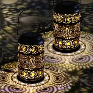 VECELO 2 Pack Outdoor Solar Pendant Lights, Waterproof Tabletop Solar Lights with Handle, LED Solar Moroccan Lanterns, Suitable for Garden Decoration