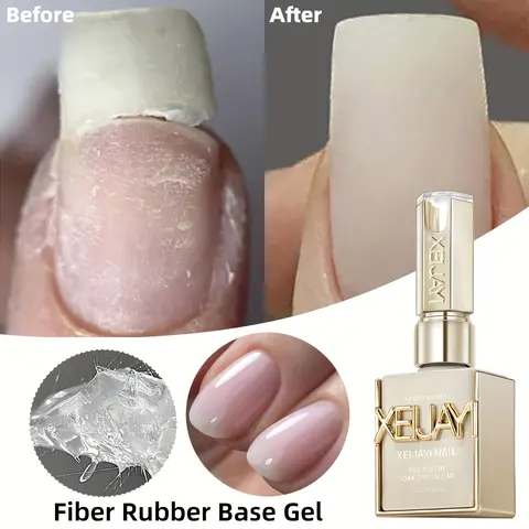 XEIJAYI 1PC 15ML TPO&HEMA-Free Fiber Rubber Base Coat Nail Polish Gel, Soak-Off UV LED Salon Aid for Broken Nails, Adds Support & Strength, Improves Health, Manicure Overlay Reconstruction Tool