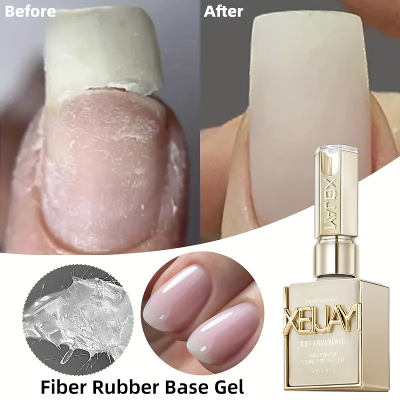 XEIJAYI 1PC 15ML TPO&HEMA-Free Fiber Rubber Base Coat Nail Polish Gel, Soak-Off UV LED Salon Aid for Broken Nails, Adds Support & Strength, Improves Health, Manicure Overlay Reconstruction Tool