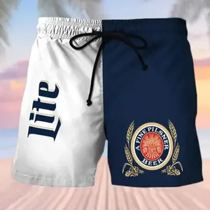 Funny Miller Beer Lover Beach Shorts Casual Summer Party Swimwear for Men, Retro Drinking Theme Casual Beach Shorts Mens Summer Outfit